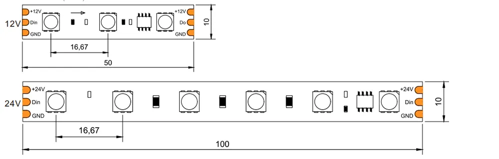 dimension of Pixel Chasing RGB LED strips 60LED 12v 24v